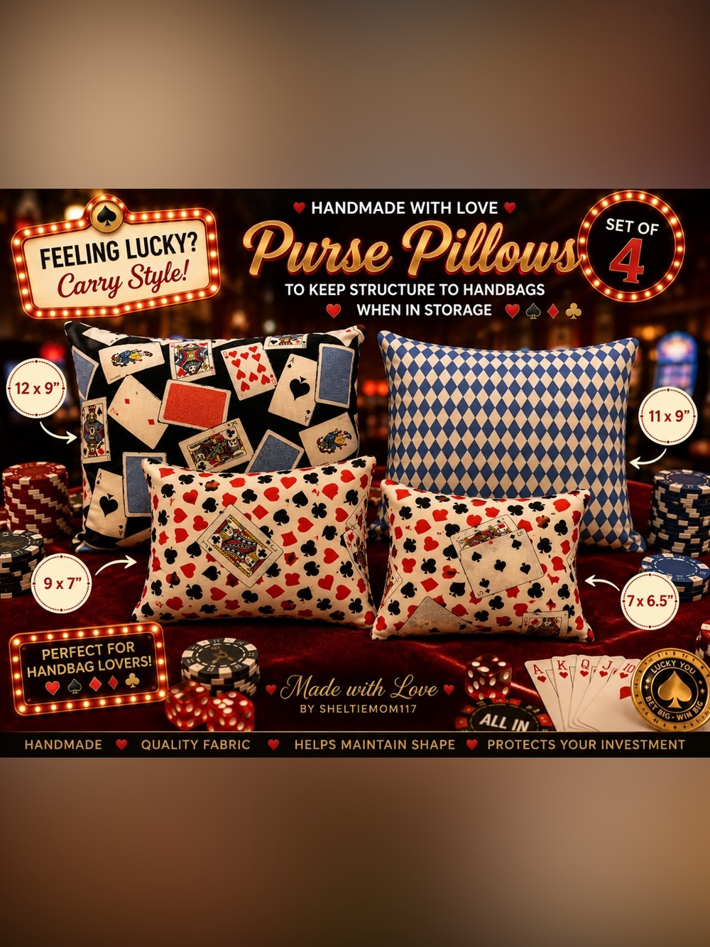 🎲 Handmade Casino Playing Card Purse Pillows Set of 4 | Handbag Shapers |